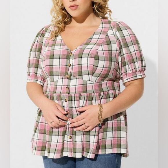 Torrid Pink and Green Plaid Babydoll Crinkle Flannel Gauze Button Up 2X NWT - Picture 1 of 13